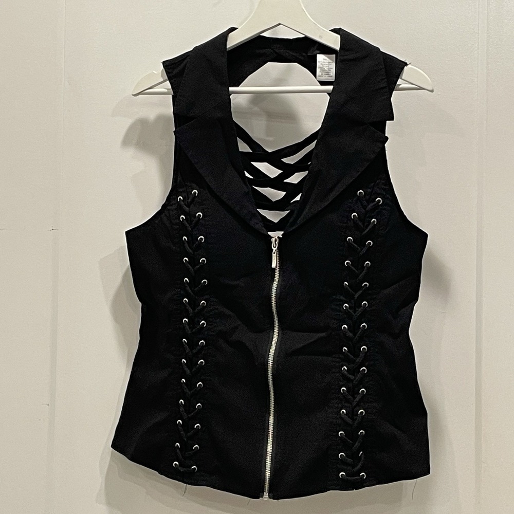 Gothic Edgy Moto Biker Punk Rock Vest 3XL Black Fitted Zip Up Corset Stretchy